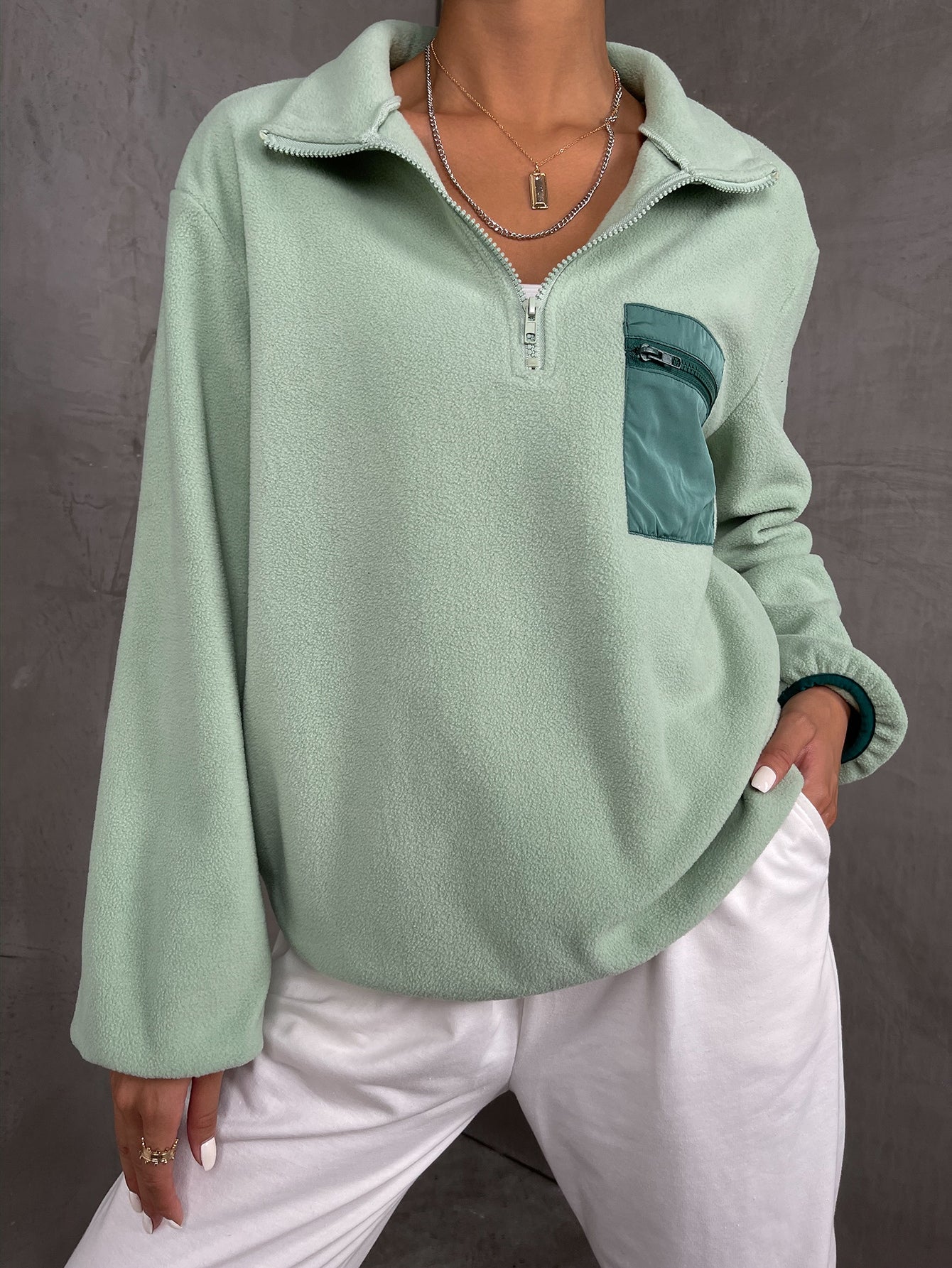 Color Block Quarter Zip Lantern Sleeve Pullover