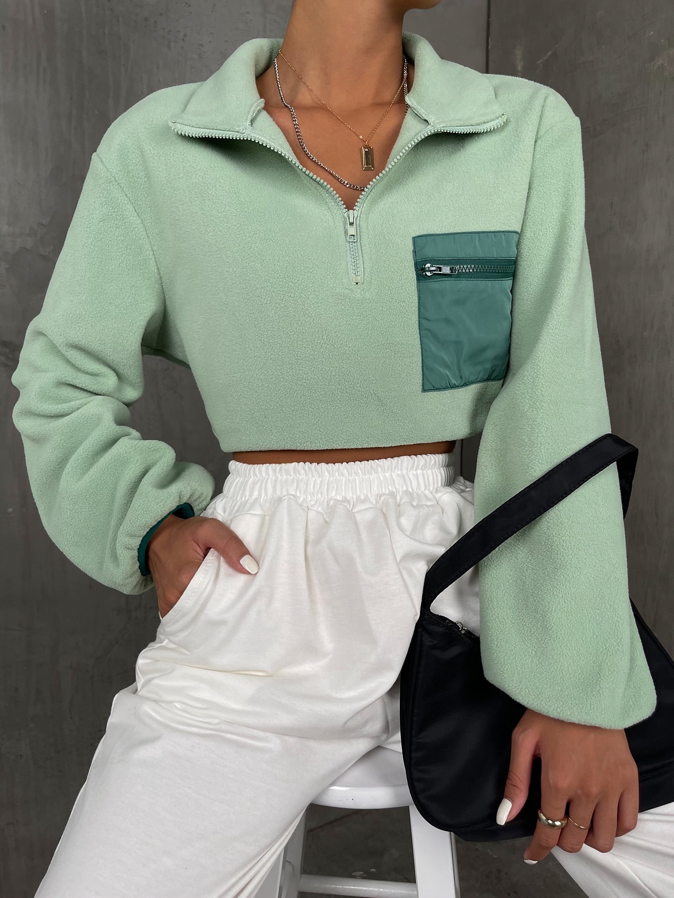 Color Block Quarter Zip Lantern Sleeve Pullover