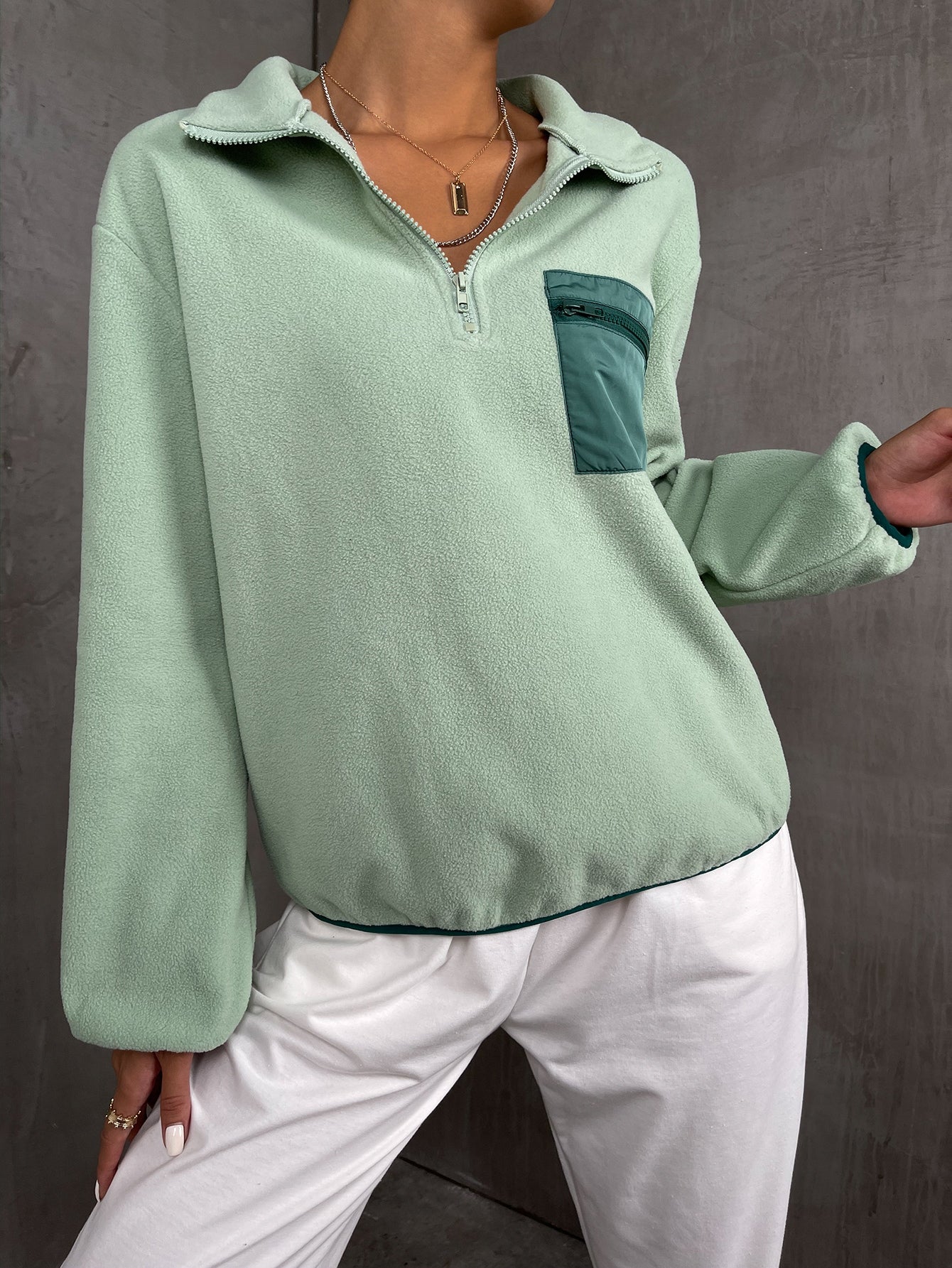 Color Block Quarter Zip Lantern Sleeve Pullover