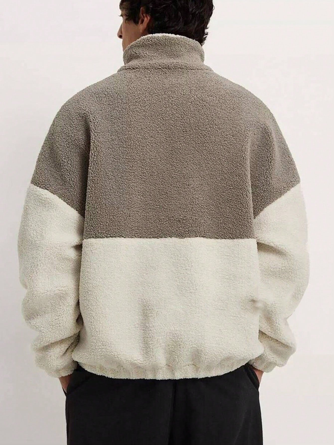 Men Plus Color Block Half Zip Drop Shoulder Teddy Sweatshirt