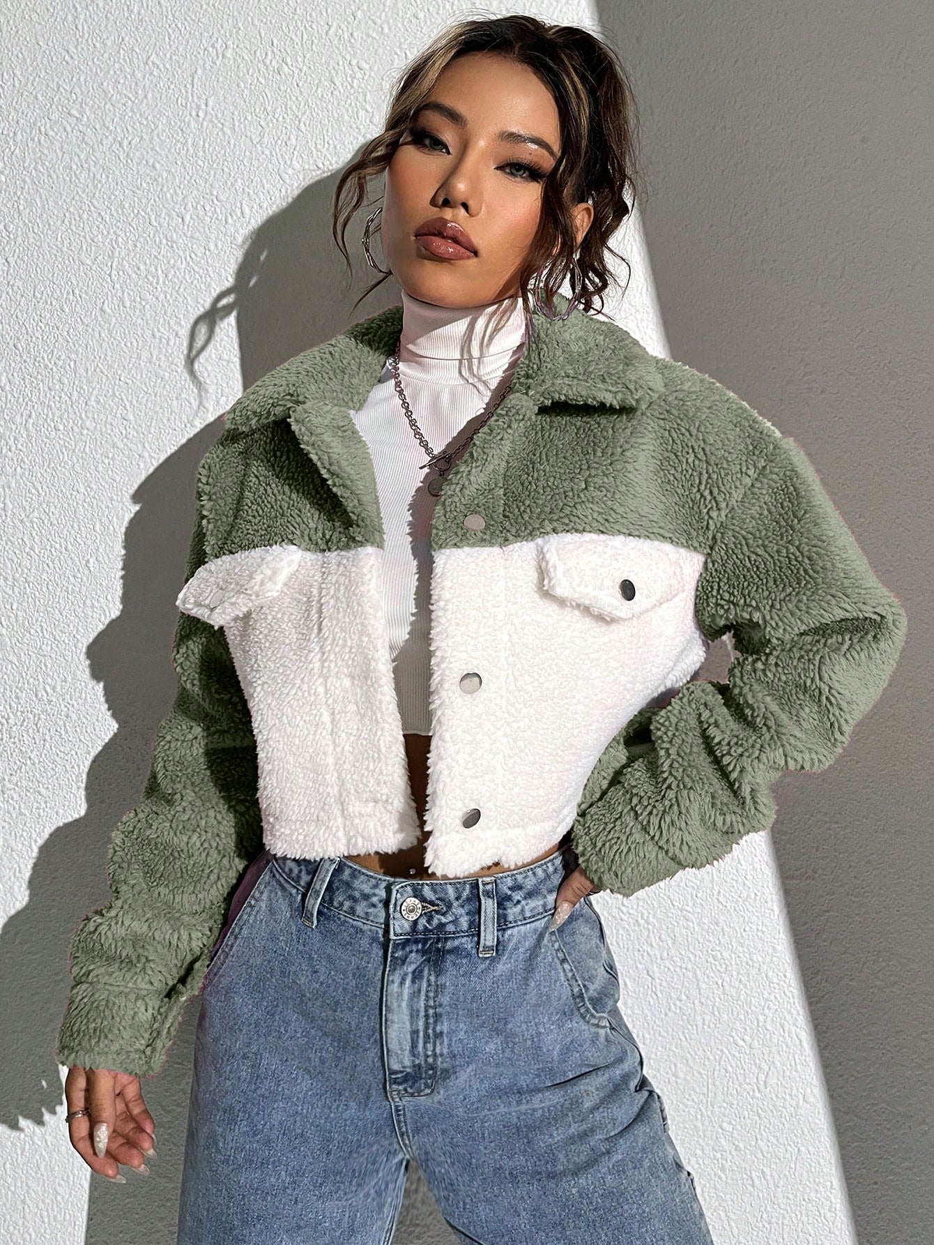 Two Tone Drop Shoulder Crop Corduroy Jacket