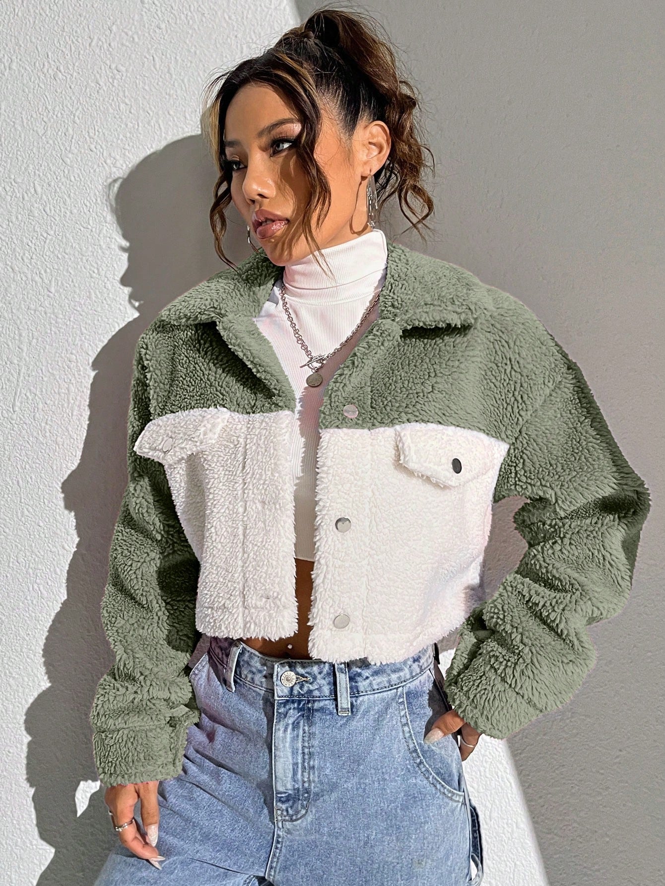 Two Tone Drop Shoulder Crop Corduroy Jacket