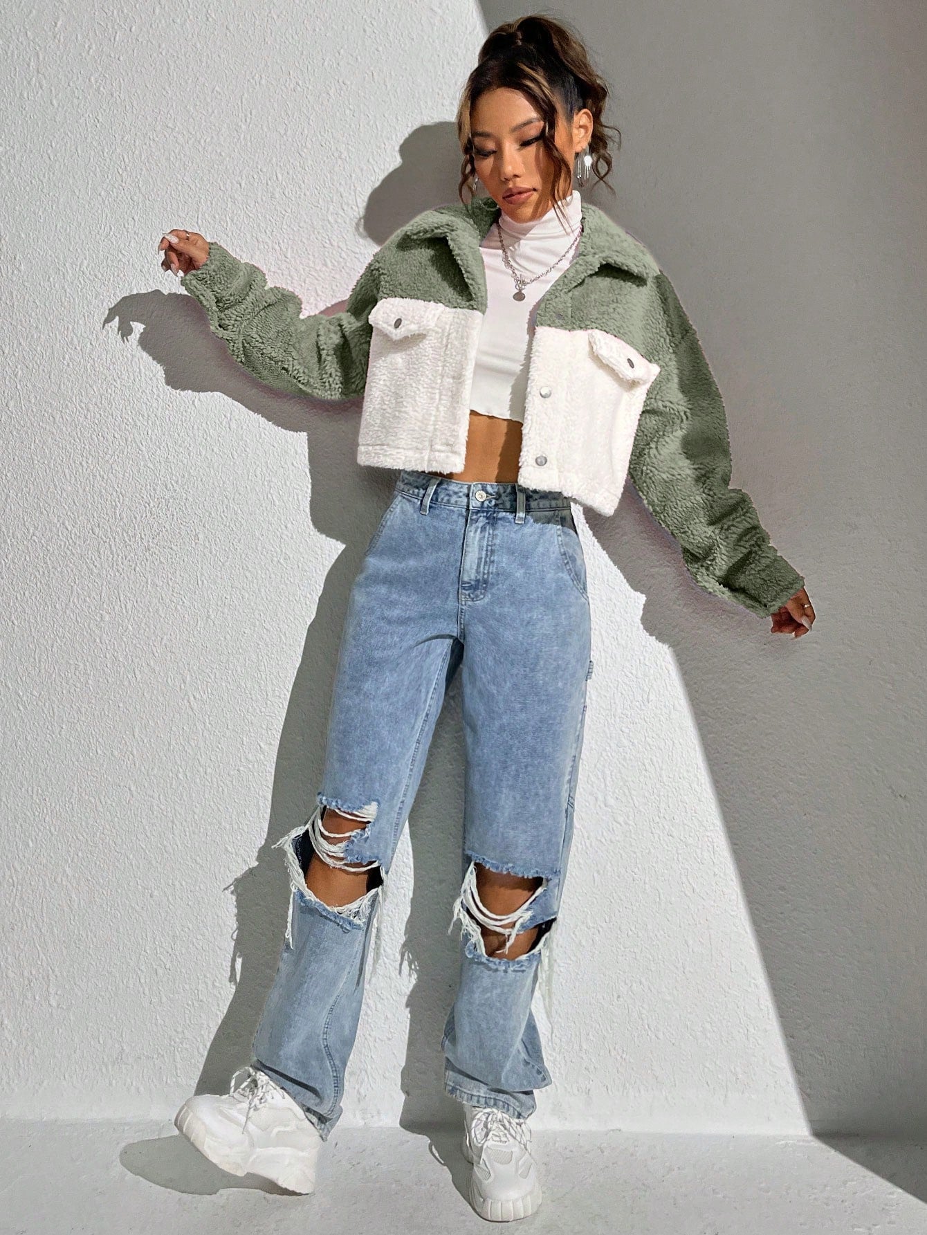 Two Tone Drop Shoulder Crop Corduroy Jacket