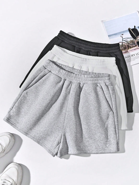 3pcs Solid Elastic Waist Track Shorts