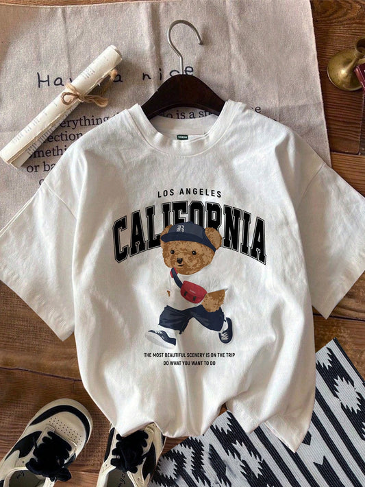 Casual California College Style Small Bear Graphic Short Sleeve