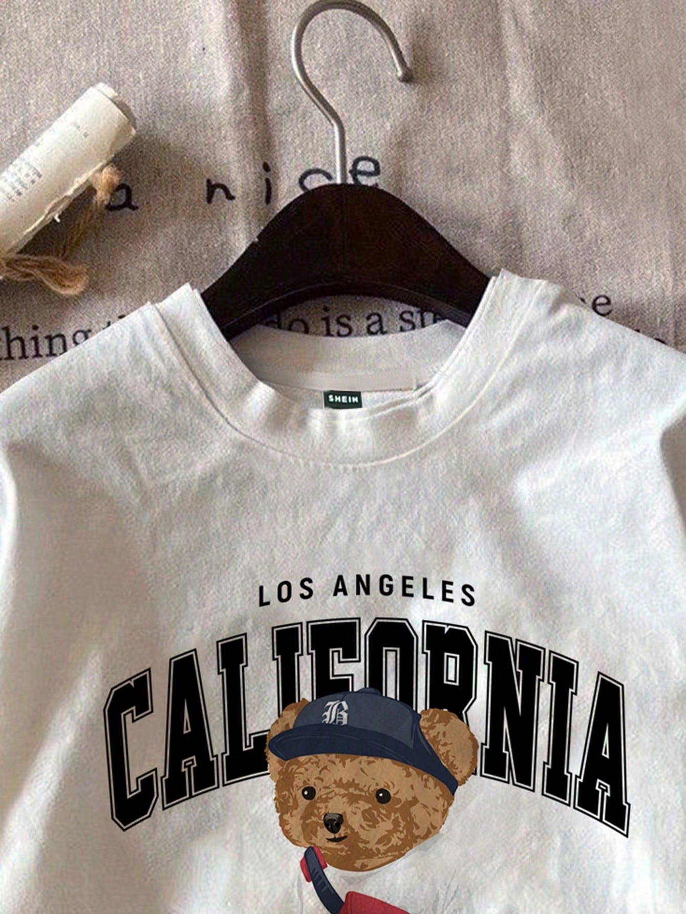 Casual California College Style Small Bear Graphic Short Sleeve