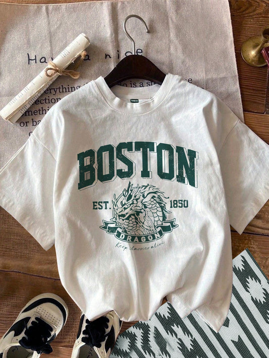 Women Casual Boston College Style English Letter Print  Short Sleeve