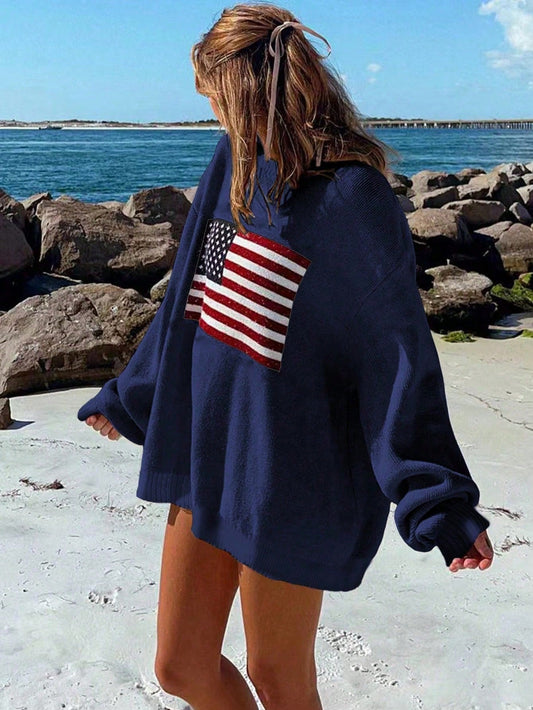 Flag Pattern Drop Shoulder Long Sleeve Sweater