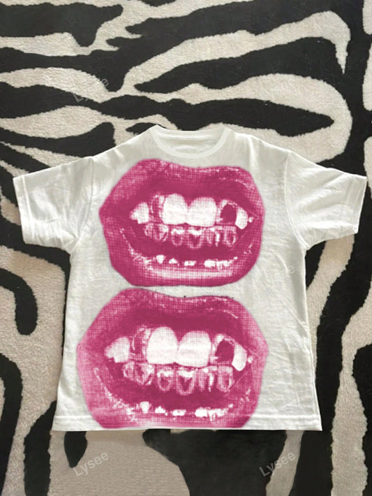 Women's Casual Punk Lips Printed Short Sleeve Gothic Streetwear T-Shirt