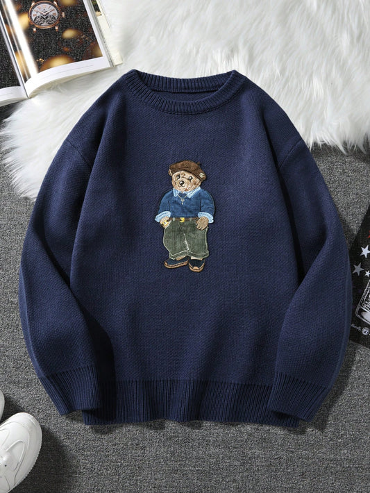 Men's Crew Neck Long Sleeve Royalblue Bear Graphic Casual Pullover Sweater