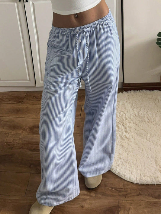 Women's Blue Woven Tie Waist Striped Loose Casual Wide Leg Pants