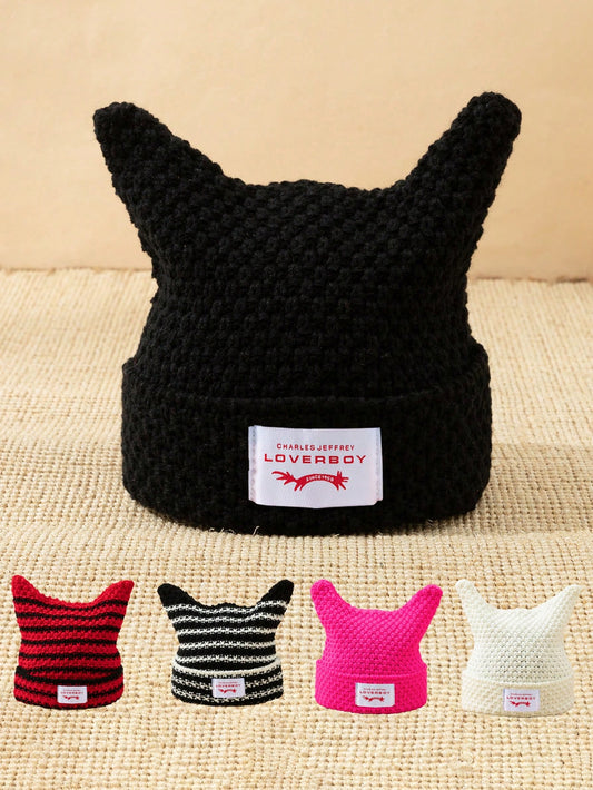 1pc Men's Unique Cat Ears Sewn Label Y2K Knit Beanie, Suitable For Autumn/Winter Warm Daily Wear Halloween