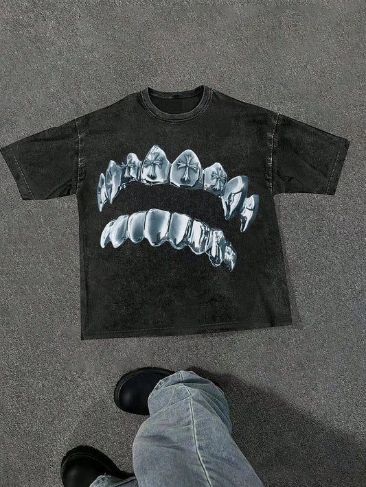 Men Teeth Printed Washed Round Neck Short Sleeve T-Shirt