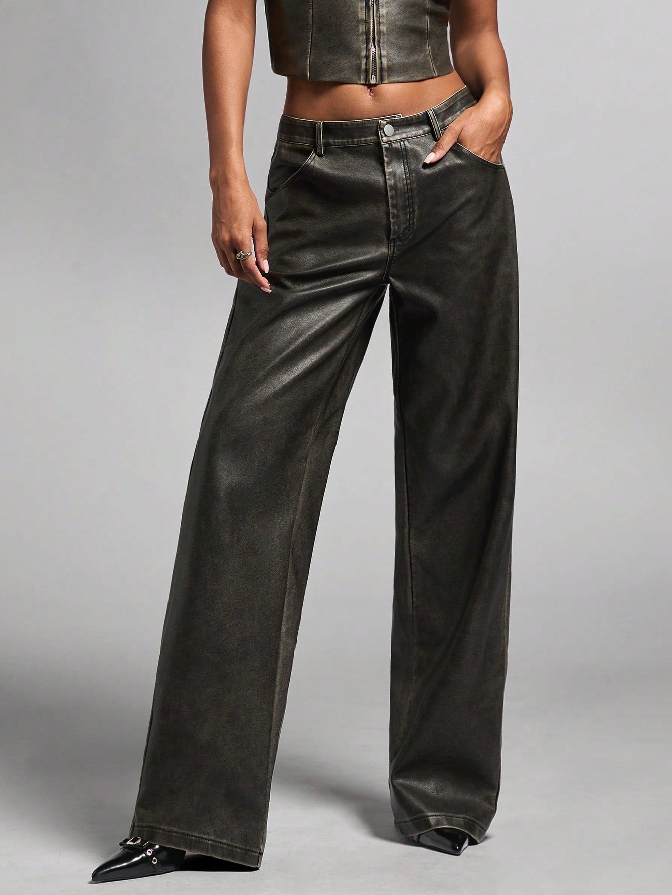 Women's Black Washed Distressed Leather PU Casual Versatile Fashion Retro Low-Waist Straight Pants