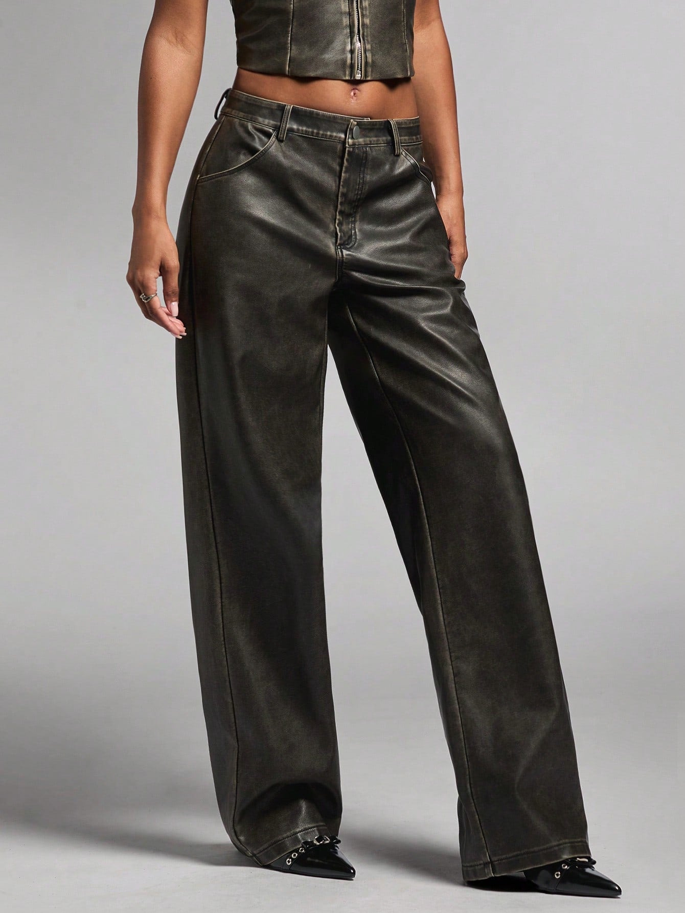 Women's Black Washed Distressed Leather PU Casual Versatile Fashion Retro Low-Waist Straight Pants