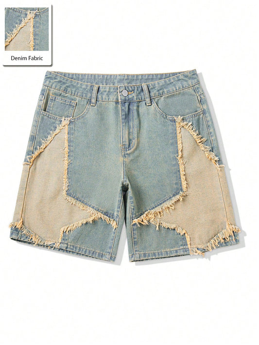 Men's Loose Fit Denim Shorts With Star-Shaped Patches