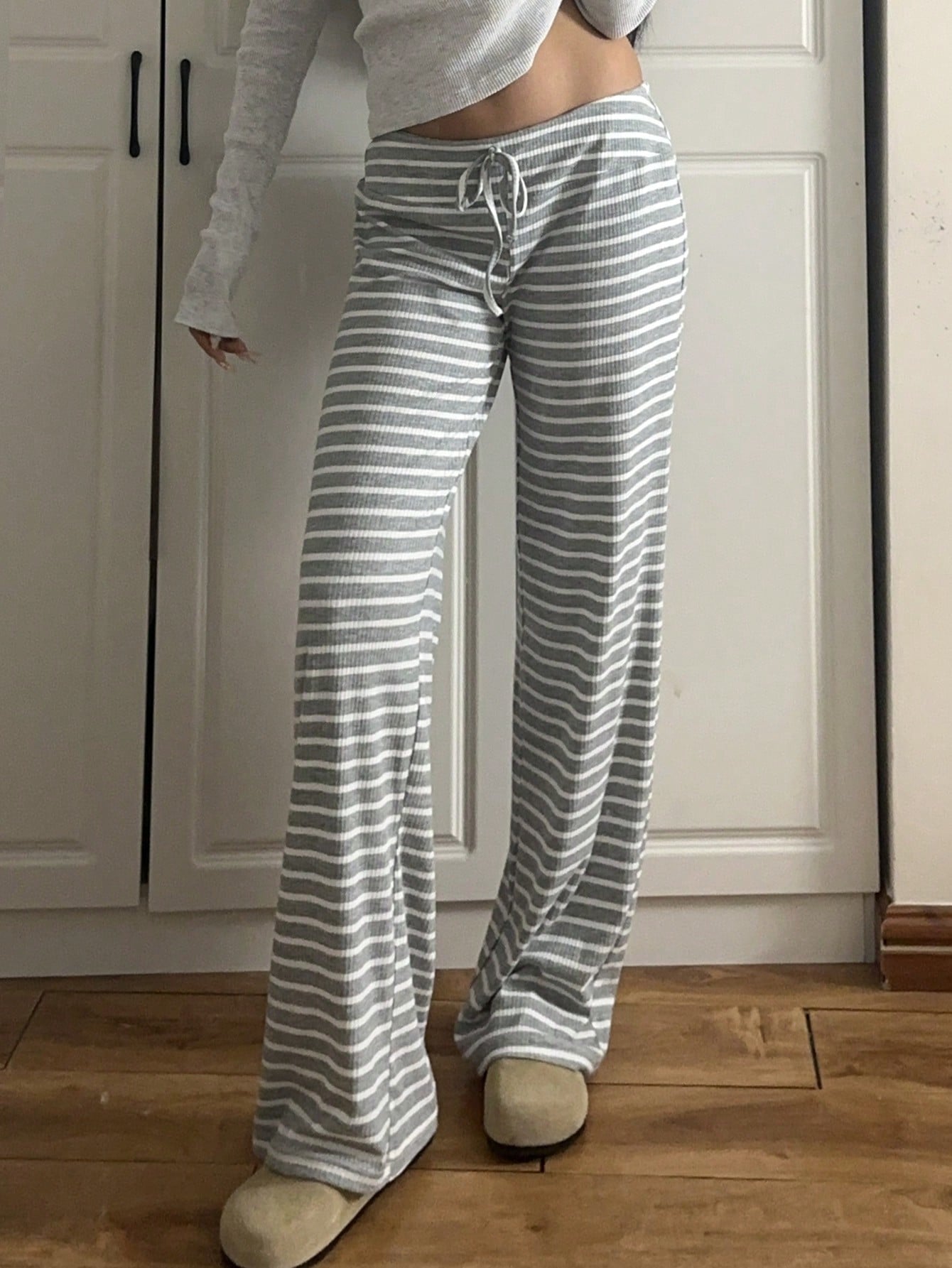 Women's Low Waist Striped Brushed Drawstring Yoga Loose Pants For Home