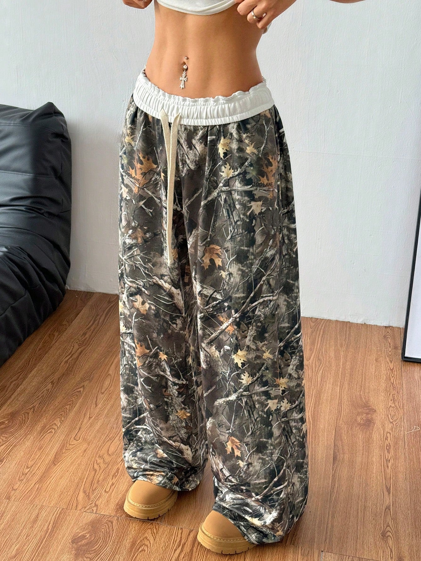 Women's Fall/Winter Back To School Basic Knit Camo Stretchy Comfortable Army Green Wide Leg Sweatpants