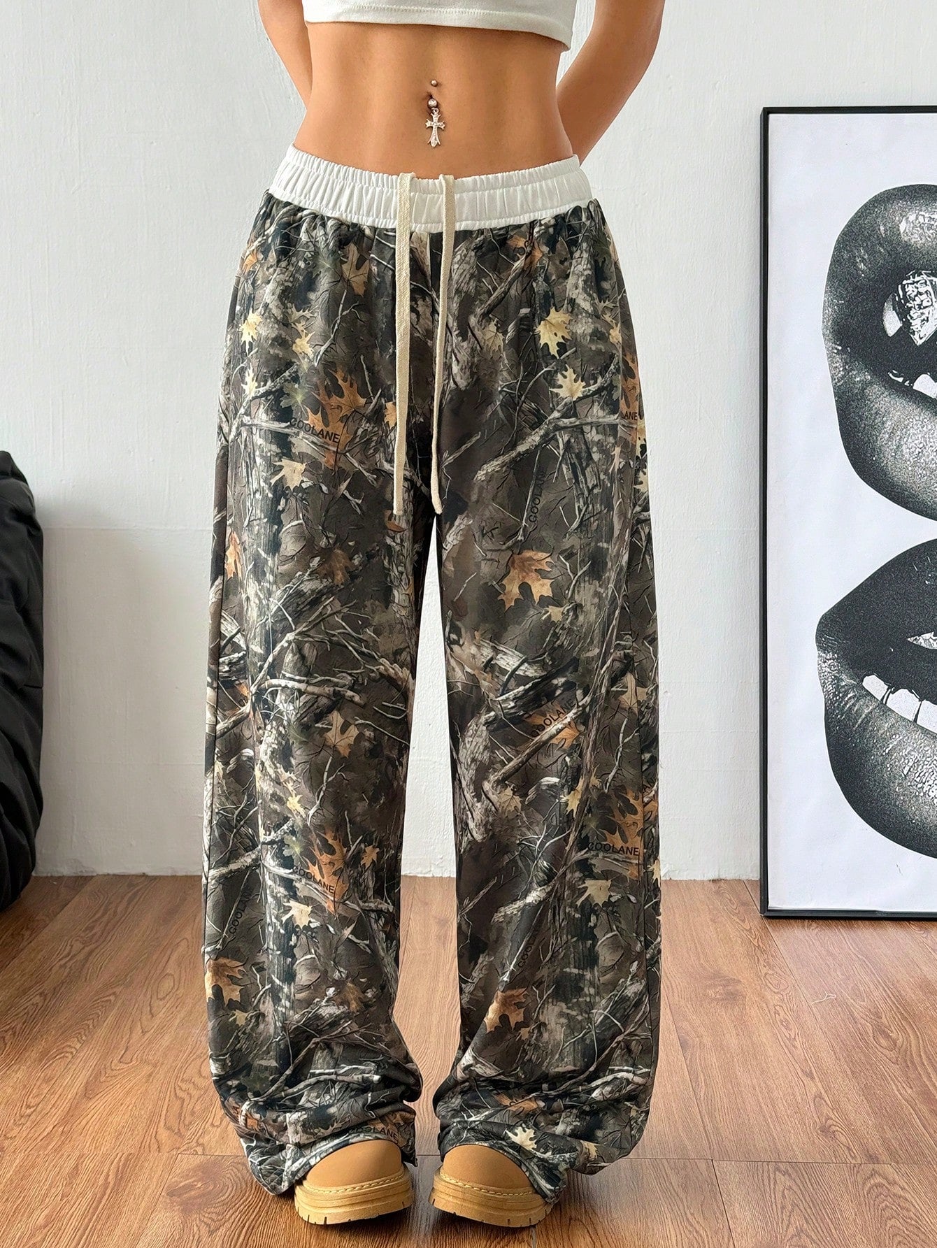 Women's Fall/Winter Back To School Basic Knit Camo Stretchy Comfortable Army Green Wide Leg Sweatpants