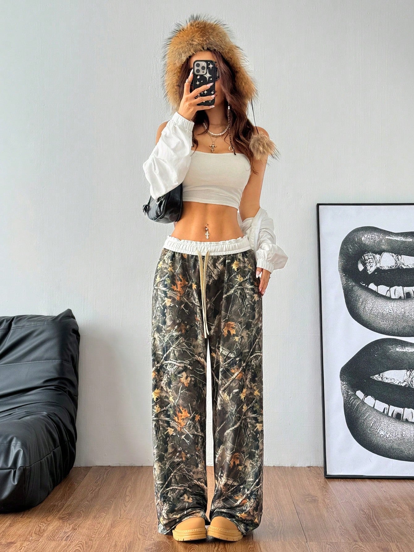 Women's Fall/Winter Back To School Basic Knit Camo Stretchy Comfortable Army Green Wide Leg Sweatpants