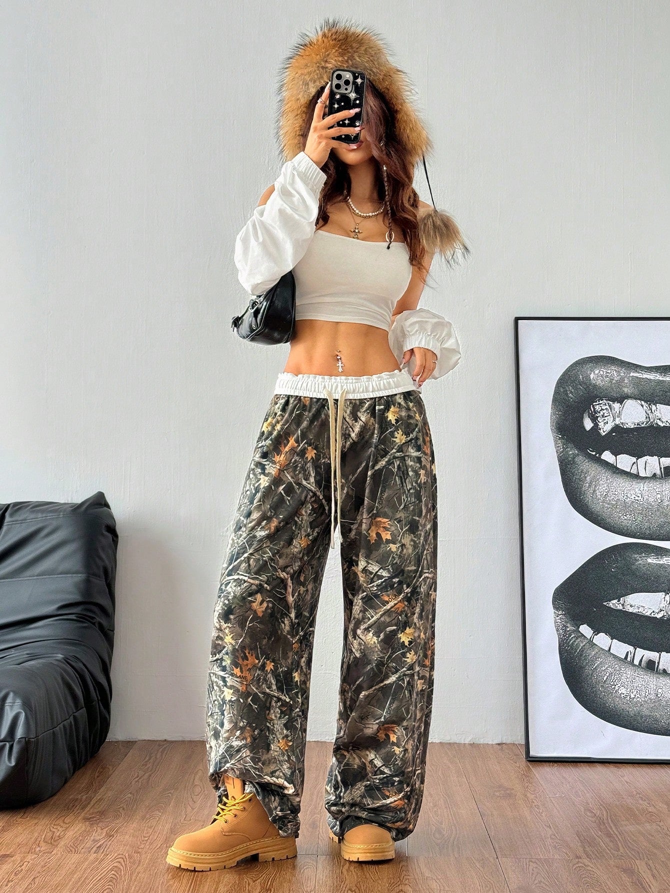 Women's Fall/Winter Back To School Basic Knit Camo Stretchy Comfortable Army Green Wide Leg Sweatpants